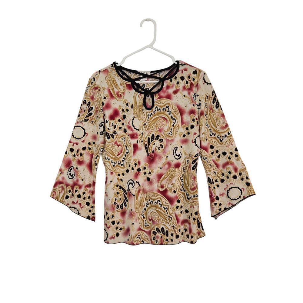 VTG Y2K MKM Designs Paisley Bell Sleeves Top Sz Large Keyhole Neck Sleeve Slits